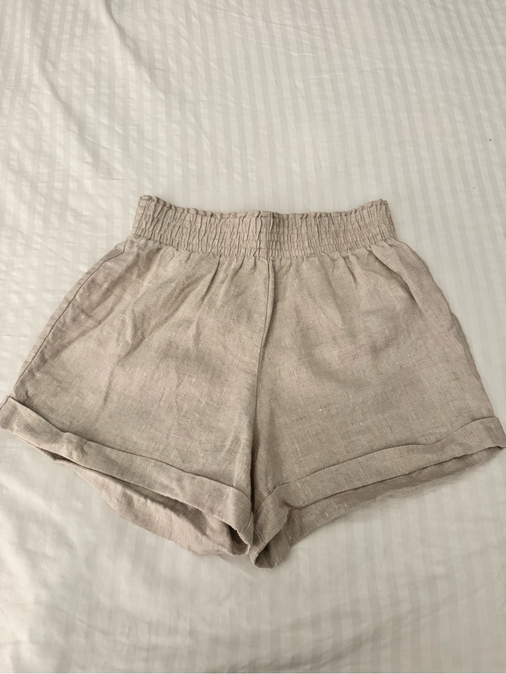 Reformation Light Beige High-Waist Linen-Blend Shorts